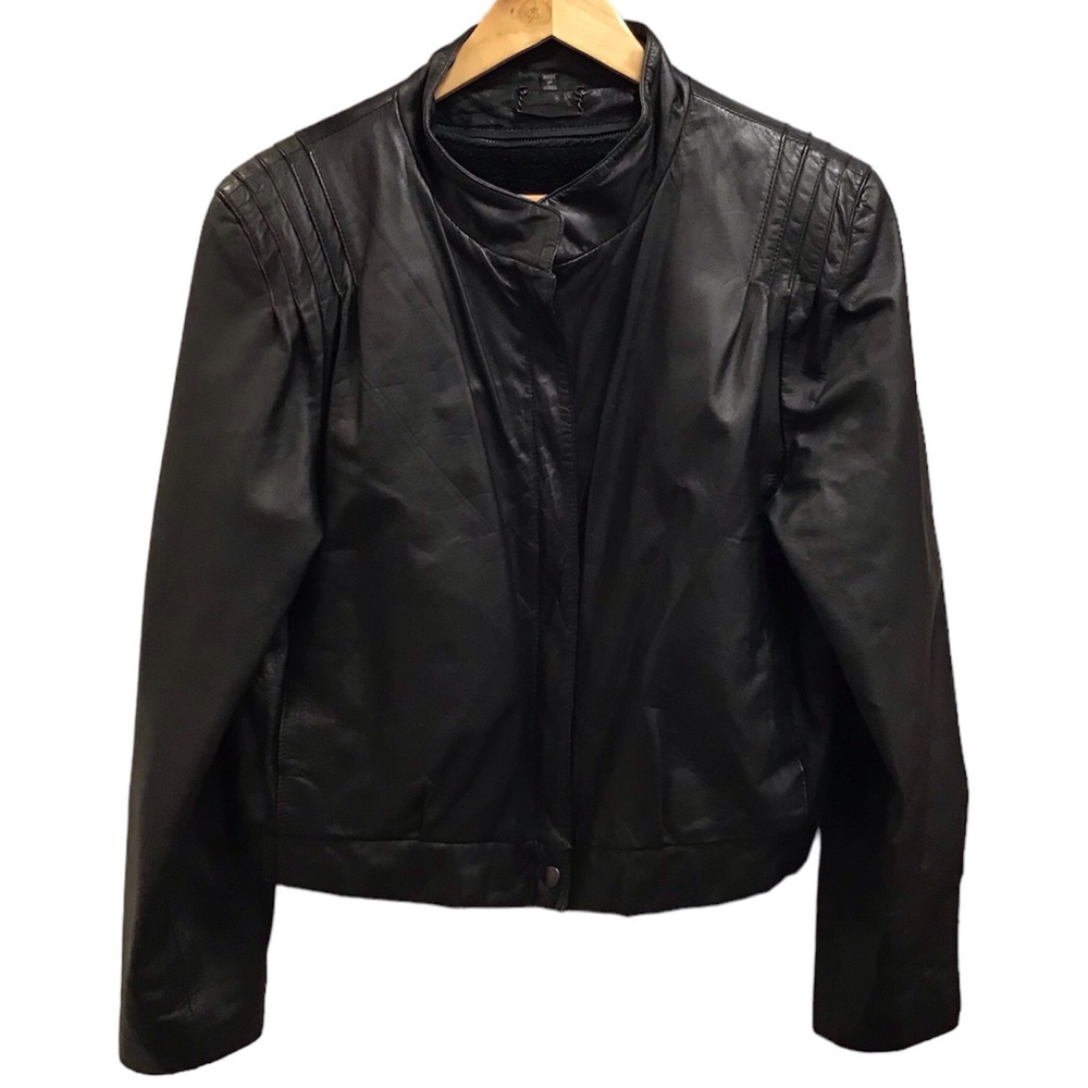 80s Vintage Womens Leather Moto Bomber Jacket Size XL Cropped Pleated Insulated